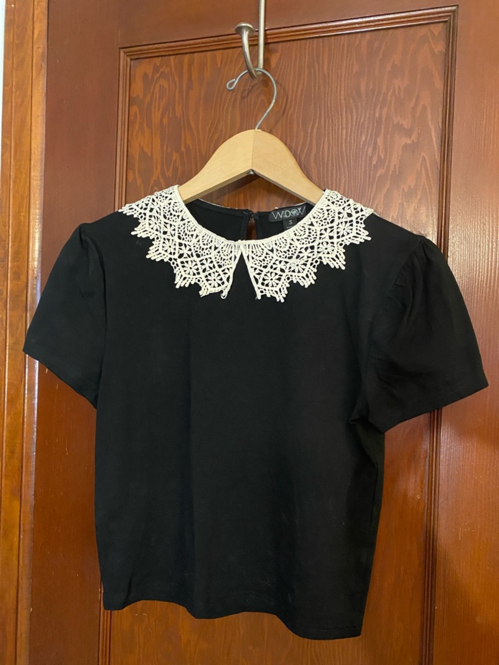 DOLLS KILL Widow Black Crop with White Crochet Lace Collar